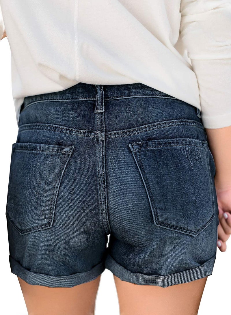 luvamia Women's Casual Stretchy High Waisted Cuffed Hem Denim Jean Shorts Dressy Shorts for Women Blue Jeans Shorts for Women Charleston Boom Blue Size Large - Image 2